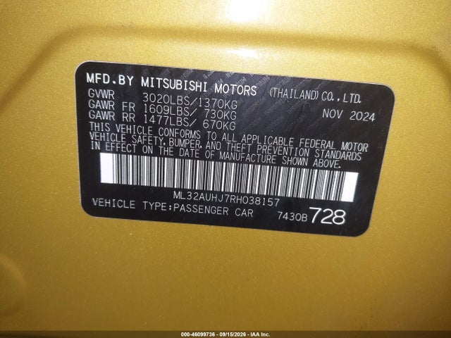 Aukcja sprzedaży 2024 Mitsubishi Mirage Le, vin: ML32AUHJ7RH038157, numer aukcji: 46099736