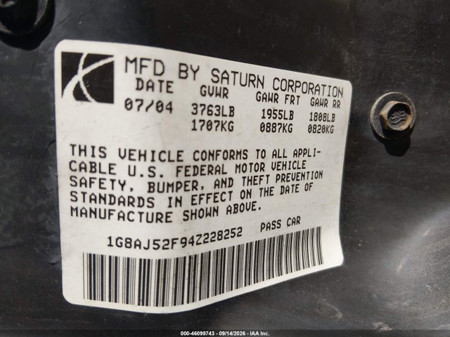 Продажа на аукционе авто 2004 Saturn Ion 2, vin: 1G8AJ52F94Z228252, номер лота: 46099743