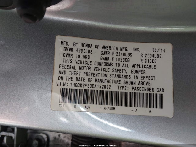 Продаж на аукціоні авто 2014 Honda Accord Lx, vin: 1HGCR2F33EA152602, номер лоту: 46099755