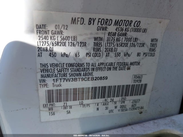 Продажа на аукционе авто 2012 Ford F-350 Lariat, vin: 1FT7W3BT9CEB20859, номер лота: 46099756
