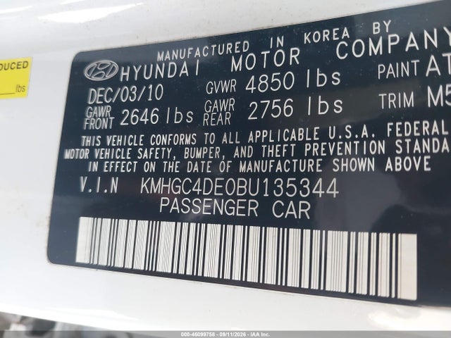 Aukcja sprzedaży 2011 Hyundai Genesis 3.8, vin: KMHGC4DE0BU135344, numer aukcji: 46099758