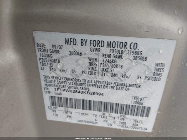 Auction sale of the 2008 Ford F-150 Xlt, vin: 1FTPW02548KB29994, lot number: 46099759