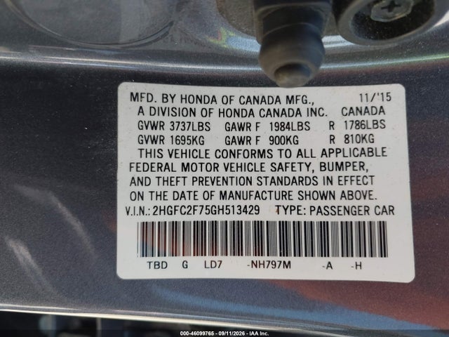 Honda CIVIC EX 2016 2HGFC2F75GH513429 Image 9