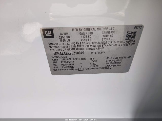 46099794 :رقم المزاد ، 1GNALAEK9EZ100491 vin ، 2014 Chevrolet Equinox Ls مزاد بيع