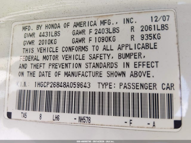Продаж на аукціоні авто 2008 Honda Accord 2.4 Ex-l, vin: 1HGCP26848A059643, номер лоту: 46099798