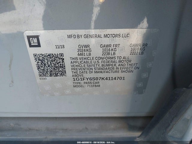 46099818 :رقم المزاد ، 1G1FY6S07K4114701 vin ، 2019 Chevrolet Bolt Ev Lt مزاد بيع