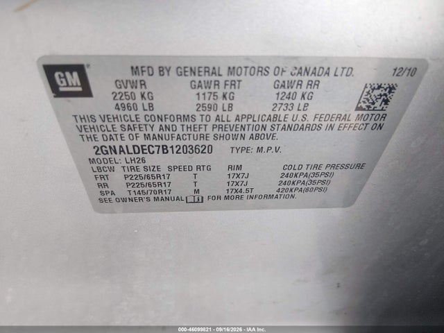 Продажа на аукционе авто 2011 Chevrolet Equinox 1lt, vin: 2GNALDEC7B1203620, номер лота: 46099821