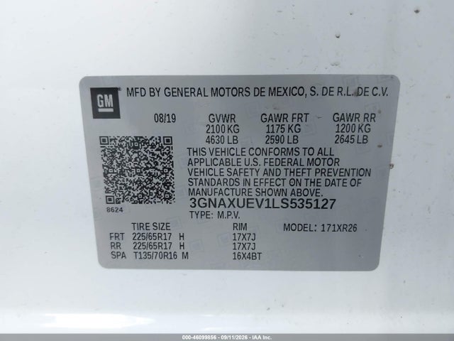 46099856 :رقم المزاد ، 3GNAXUEV1LS535127 vin ، 2020 Chevrolet Equinox Awd Lt 1.5l Turbo مزاد بيع