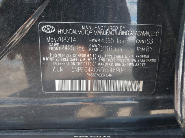 2014 Hyundai Sonata Se მანქანა იყიდება აუქციონზე, vin: 5NPEC4AC6EH946904, აუქციონის ნომერი: 46099857