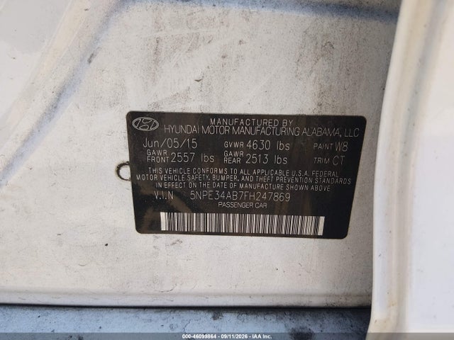 2015 Hyundai Sonata Limited 2.0t მანქანა იყიდება აუქციონზე, vin: 5NPE34AB7FH247869, აუქციონის ნომერი: 46099864