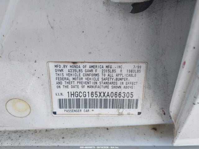 Auction sale of the 1999 Honda Accord Ex V6, vin: 1HGCG165XXA066305, lot number: 46099870