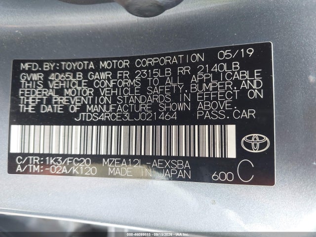 2020 Toyota Corolla Se მანქანა იყიდება აუქციონზე, vin: JTDS4RCE3LJ021464, აუქციონის ნომერი: 46099885