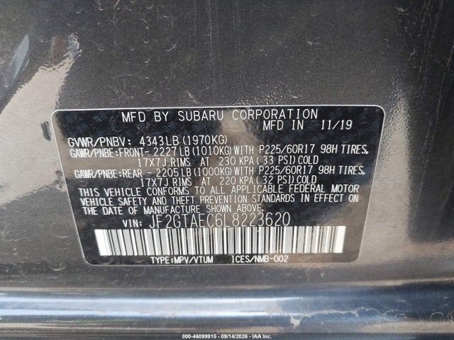 Aukcja sprzedaży 2020 Subaru Crosstrek Premium, vin: JF2GTAEC6L8223620, numer aukcji: 46099915