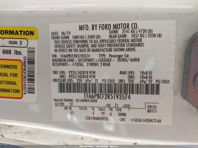 Продаж на аукціоні авто 2019 Ford Mustang Gt Premium, vin: 1FA6P8CF2K5193574, номер лоту: 46099917