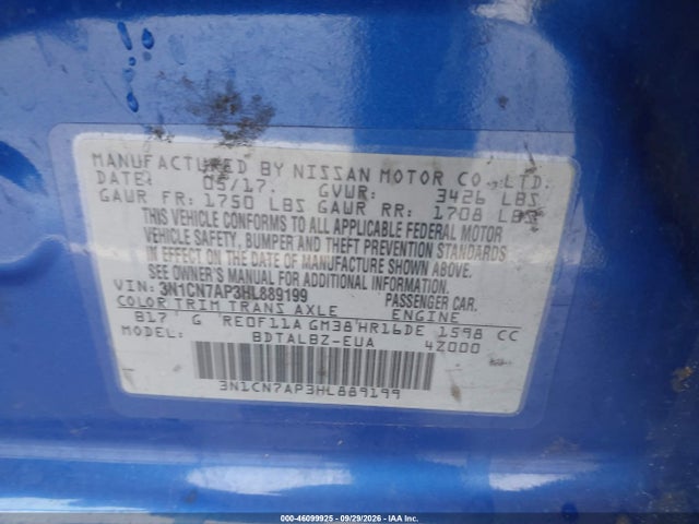Продаж на аукціоні авто 2017 Nissan Versa 1.6 Sv, vin: 3N1CN7AP3HL889199, номер лоту: 46099925