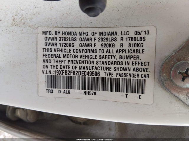 2013 Honda Civic Ex მანქანა იყიდება აუქციონზე, vin: 19XFB2F82DE049596, აუქციონის ნომერი: 46099936