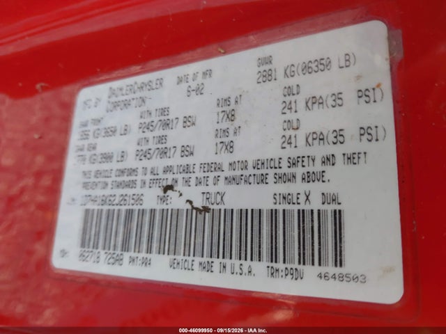 2002 Dodge Ram 1500 St მანქანა იყიდება აუქციონზე, vin: 1D7HA16K62J261506, აუქციონის ნომერი: 46099950