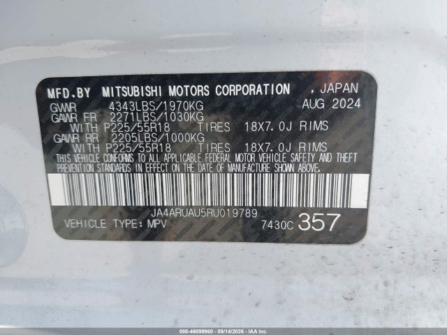 2024 Mitsubishi Outlander Sport 2.0 Es Awc/2.0 Le Awc/2.0 Ralliart Awc/2.0 S Awc/2.0 Se Awc/2.0 Trail Edition Awc მანქანა იყიდება აუქციონზე, vin: JA4ARUAU5RU019789, აუქციონის ნომერი: 46099960