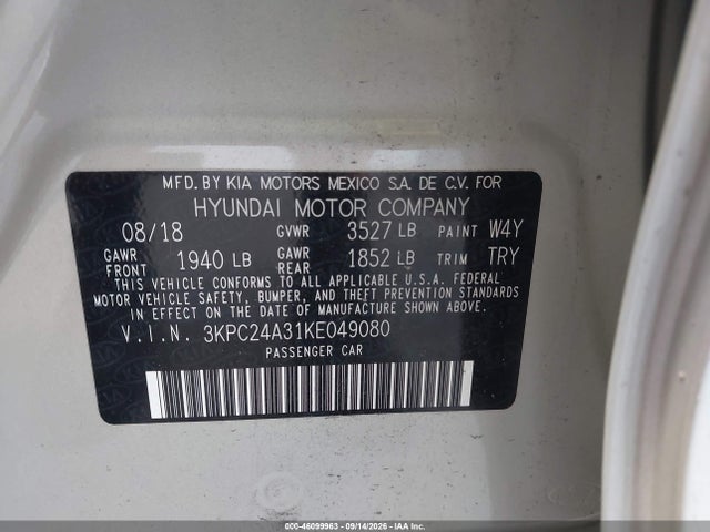 Aukcja sprzedaży 2019 Hyundai Accent Se, vin: 3KPC24A31KE049080, numer aukcji: 46099963