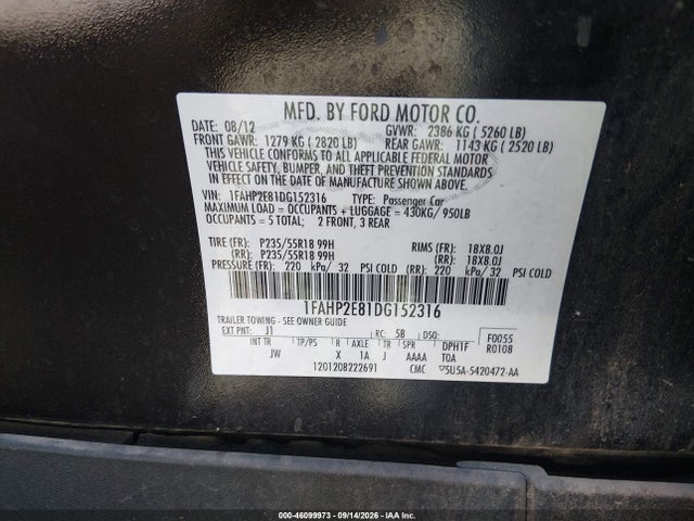 46099973 :رقم المزاد ، 1FAHP2E81DG152316 vin ، 2013 Ford Taurus Sel مزاد بيع