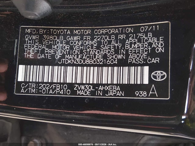 Продажа на аукционе авто 2011 Toyota Prius Two, vin: JTDKN3DU8B0321604, номер лота: 46099976