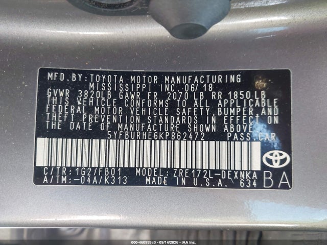 Aukcja sprzedaży 2019 Toyota Corolla Le, vin: 5YFBURHE6KP862472, numer aukcji: 46099980