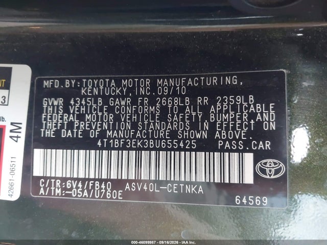46099987 :رقم المزاد ، 4T1BF3EK3BU655425 vin ، 2011 Toyota Camry Le مزاد بيع