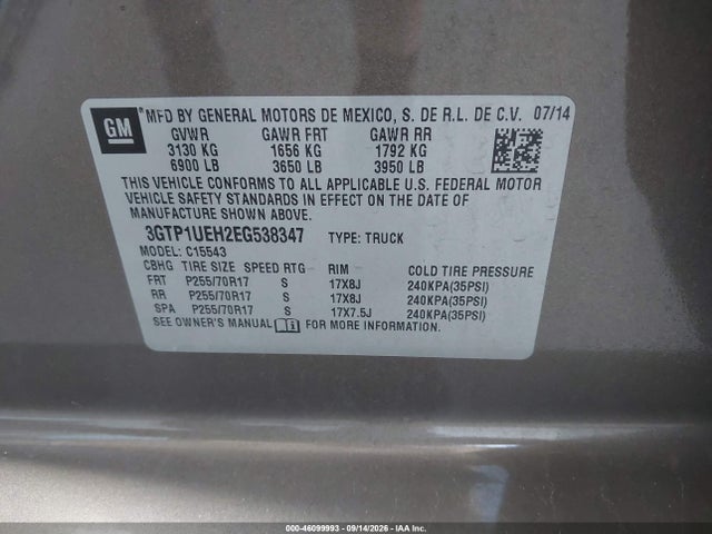 Aukcja sprzedaży 2014 Gmc Sierra 1500 Sle, vin: 3GTP1UEH2EG538347, numer aukcji: 46099993