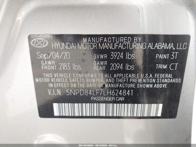 Продажа на аукционе авто 2020 Hyundai Elantra Limited, vin: 5NPD84LF7LH624841, номер лота: 46100004
