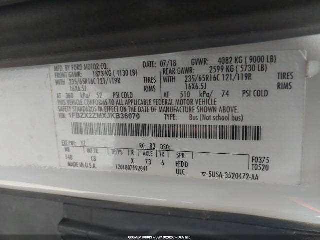 Auction sale of the 2018 Ford Transit T-350, vin: 1FBZX2ZMXJKB36070, lot number: 46100009