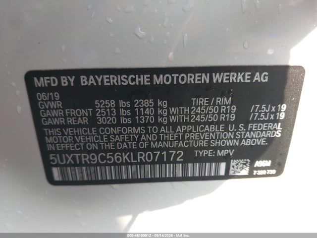 46100012 :رقم المزاد ، 5UXTR9C56KLR07172 vin ، 2019 Bmw X3 Xdrive30i مزاد بيع