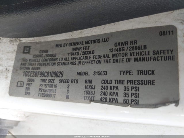 Aukcja sprzedaży 2012 Chevrolet Colorado, vin: 1GCESBF99C8109029, numer aukcji: 46100021