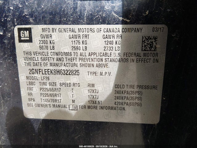Продажа на аукционе авто 2017 Chevrolet Equinox Ls, vin: 2GNFLEEK8H6322825, номер лота: 46100029