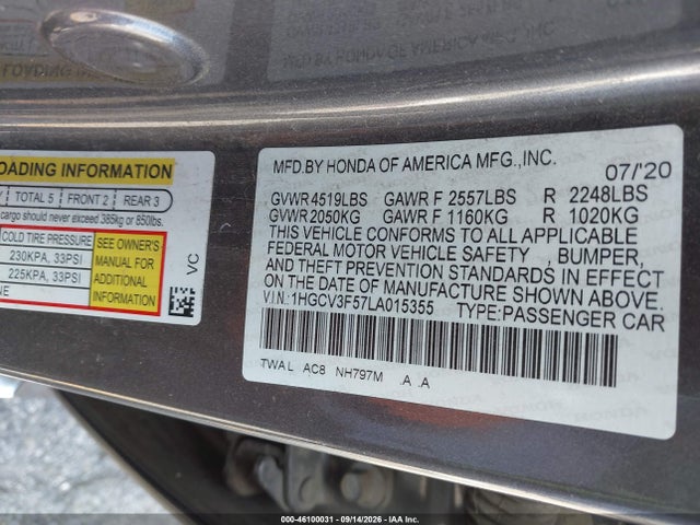 1HGCV3F57LA015355 Honda Accord Hybrid Ex-l