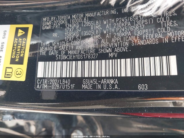 2013 Toyota Highlander Se V6 მანქანა იყიდება აუქციონზე, vin: 5TDBK3EH1DS178327, აუქციონის ნომერი: 46100036