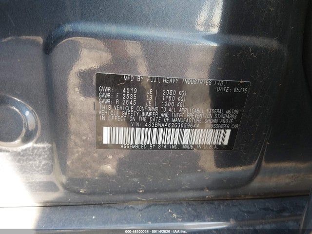 Aukcja sprzedaży 2016 Subaru Legacy 2.5i, vin: 4S3BNAA62G3059644, numer aukcji: 46100038