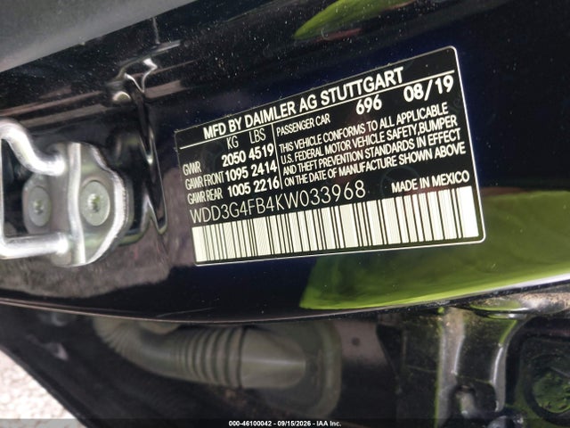 46100042 :رقم المزاد ، WDD3G4FB4KW033968 vin ، 2019 Mercedes-benz A 220 4matic مزاد بيع