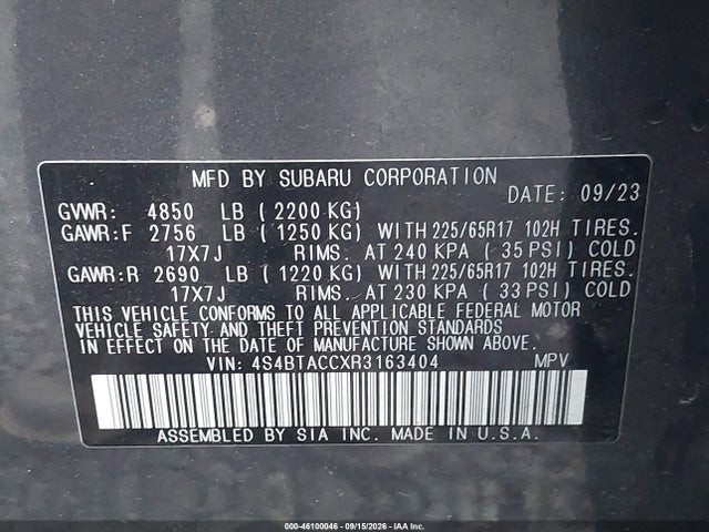 46100046 :رقم المزاد ، 4S4BTACCXR3163404 vin ، 2024 Subaru Outback Premium مزاد بيع
