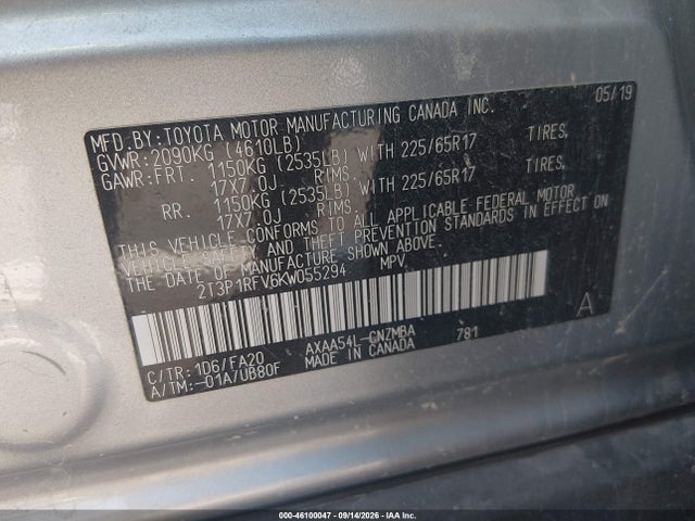Продажа на аукционе авто 2019 Toyota Rav4 Xle, vin: 2T3P1RFV6KW055294, номер лота: 46100047