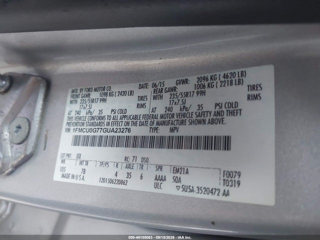 Продажа на аукционе авто 2016 Ford Escape Se, vin: 1FMCU0G77GUA23276, номер лота: 46100063
