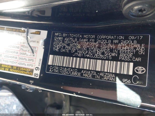 Aukcja sprzedaży 2018 Toyota Camry Se, vin: JTNB11HK0J3035215, numer aukcji: 46100065