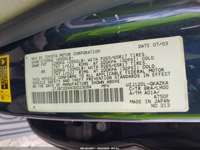 Продаж на аукціоні авто 2003 Lexus Gx 470, vin: JTJBT20XX30023084, номер лоту: 46100071