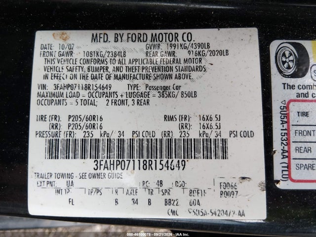 46100078 :رقم المزاد ، 3FAHP07118R154649 vin ، 2008 Ford Fusion Se مزاد بيع