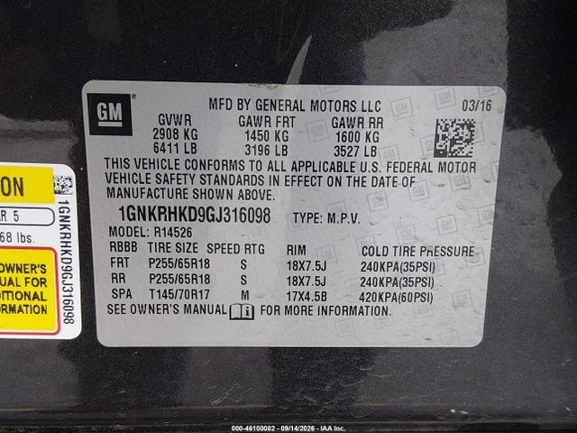 Auction sale of the 2016 Chevrolet Traverse Lt, vin: 1GNKRHKD9GJ316098, lot number: 46100082