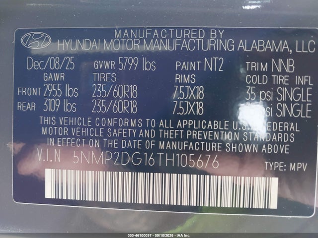 46100097 :رقم المزاد ، 5NMP2DG16TH105676 vin ، 2026 Hyundai Santa Fe Hybrid Sel مزاد بيع