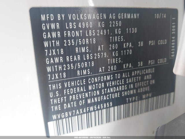 2015 Volkswagen Tiguan Se მანქანა იყიდება აუქციონზე, vin: WVGBV7AX4FW545859, აუქციონის ნომერი: 46100098