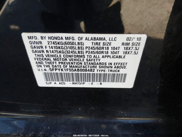 46100104 :رقم المزاد ، 5FPYK1F55AB008482 vin ، 2010 Honda Ridgeline Rtl مزاد بيع