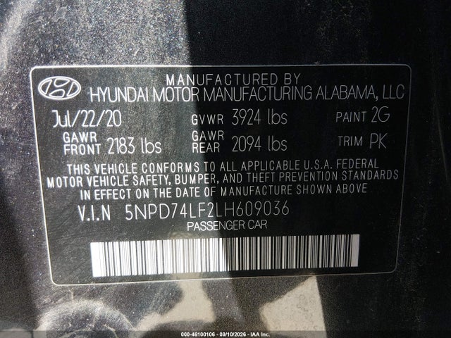 2020 Hyundai Elantra Se მანქანა იყიდება აუქციონზე, vin: 5NPD74LF2LH609036, აუქციონის ნომერი: 46100106