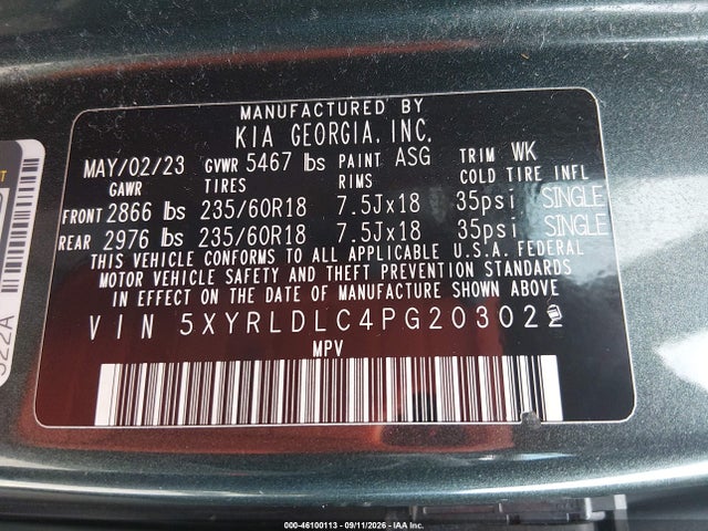 Aukcja sprzedaży 2023 Kia Sorento X-line S, vin: 5XYRLDLC4PG203022, numer aukcji: 46100113