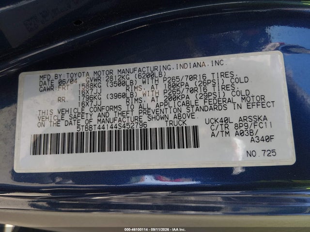 Продаж на аукціоні авто 2004 Toyota Tundra Sr5 V8, vin: 5TBBT44144S452796, номер лоту: 46100114